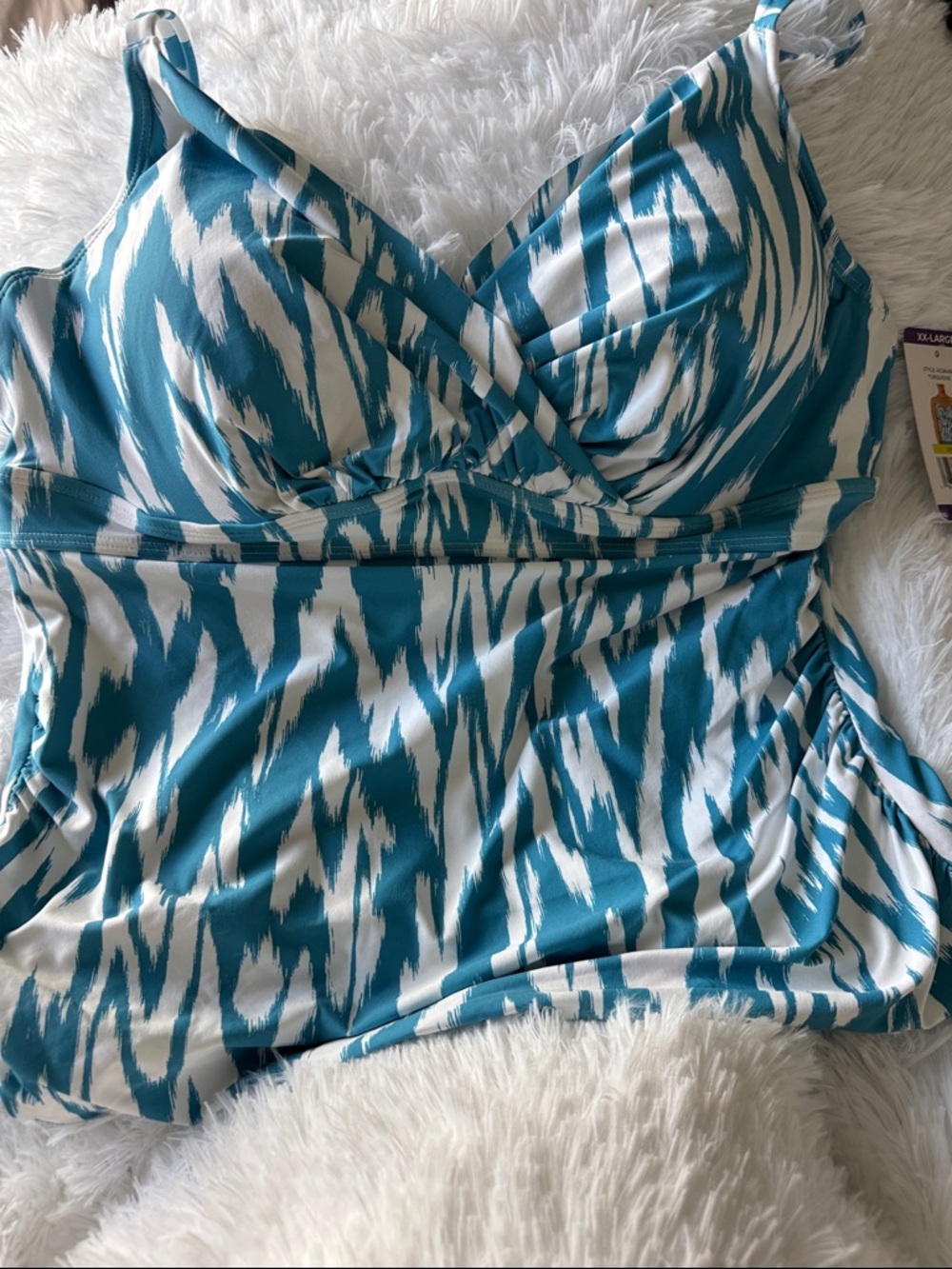 Teal and White Patterned Surplice Tankini Top